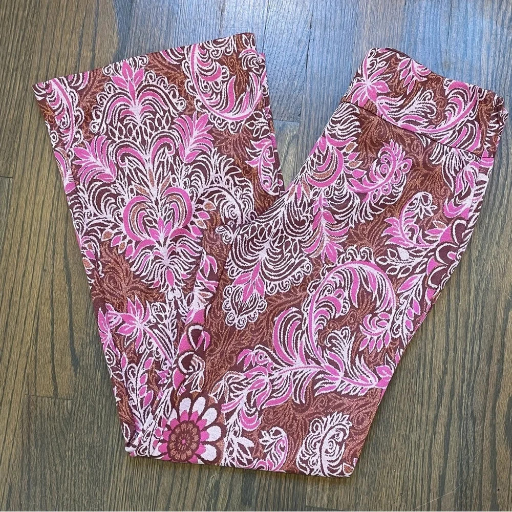 ANTHROPOLOGIE MAEVE Maria Paisley Boho Pink Metallic PANTS Flare Gold 10